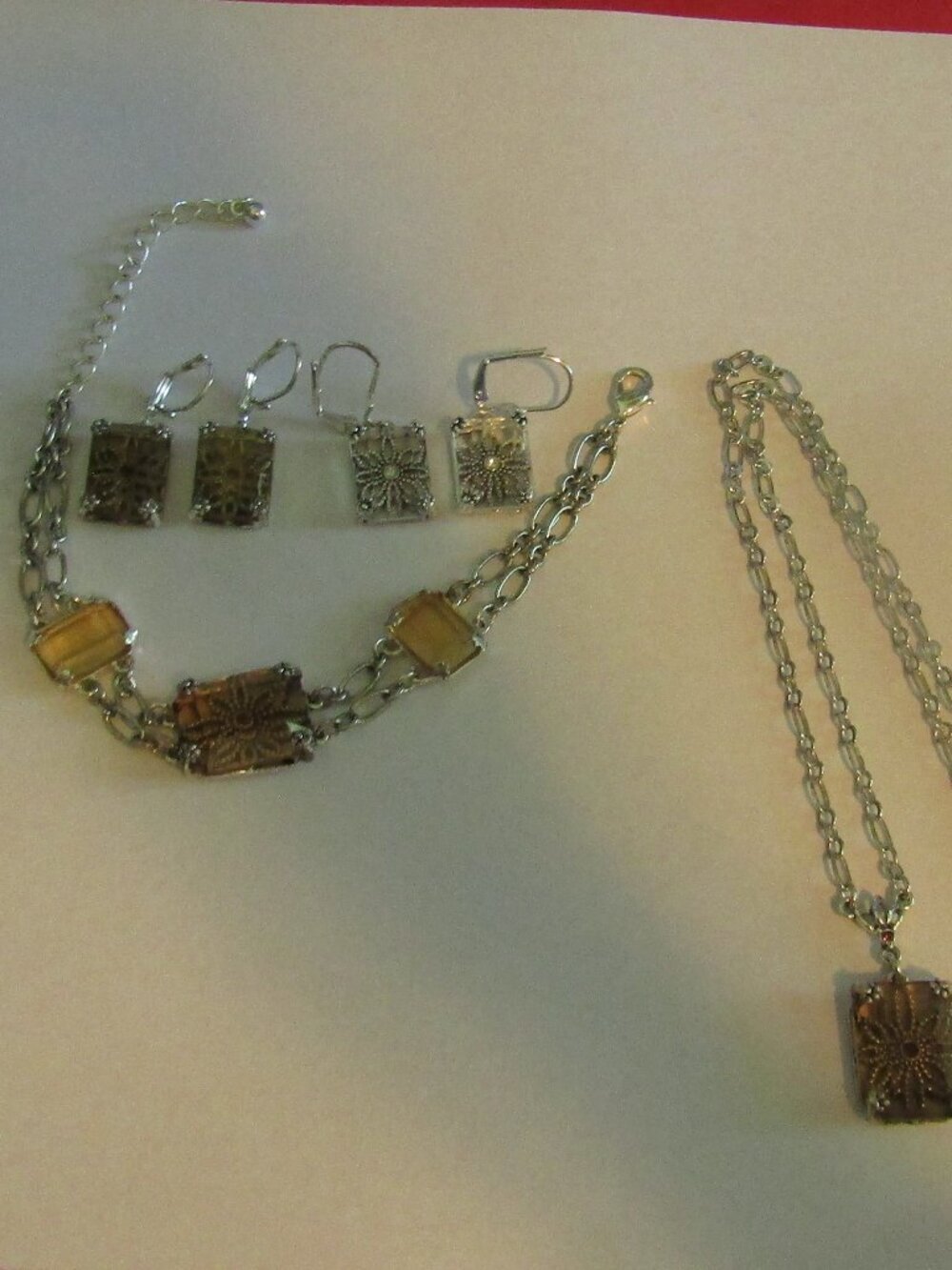 Signed NRT Jewelry Set Amber Glass Rectangular Stones NECKLACE BRACELET EARRINGS
